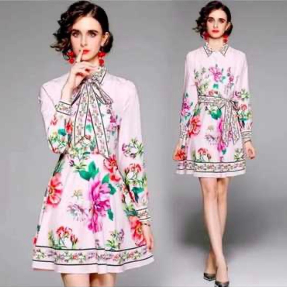Floral Tie-Waist Long Sleeve Mini Dress - Pink Floral - Picture 2 of 4